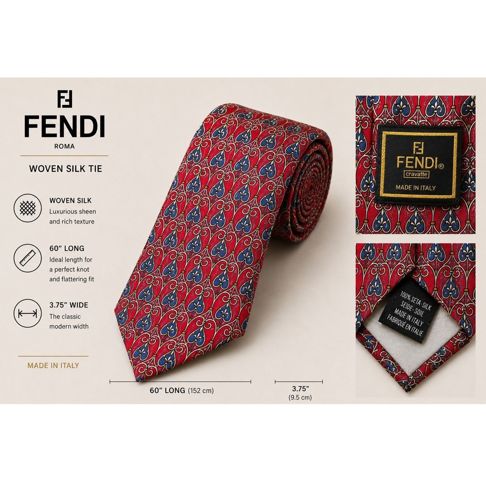 Fendi Cravatte Silk Neck Tie Red Blue Geometric Made in Italy 60" L 3.75" W